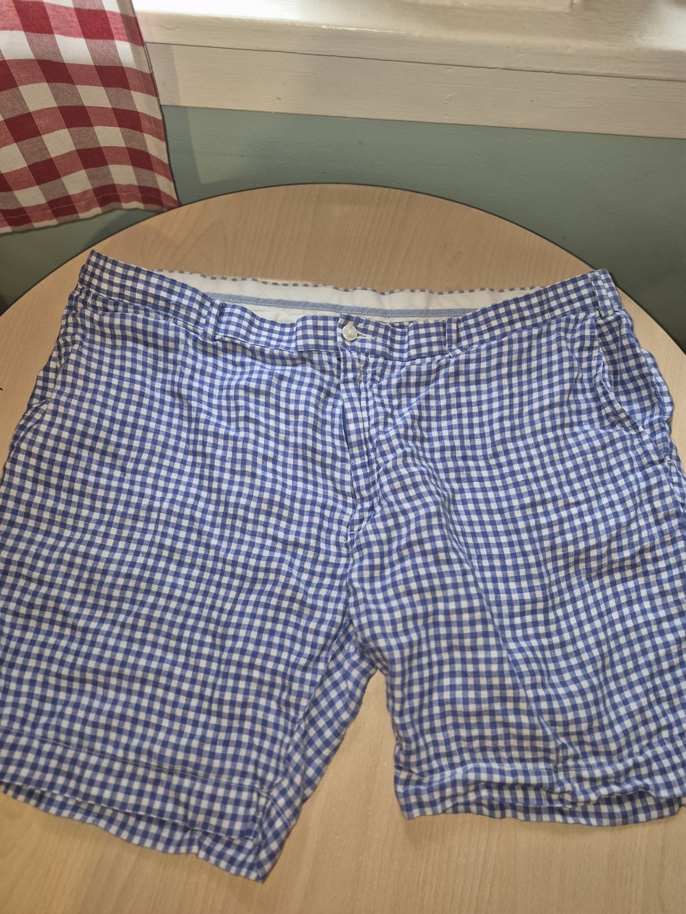 Polo by Ralph Lauren Blue Gingham Flat Front Shorts 42 Preppy 100% Linen Big Sz